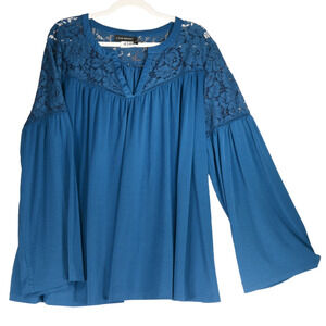 Lane Bryant Blue Knit Tunic Top Women 3X Stretch Crochet Boho Bell Sleeve V Neck